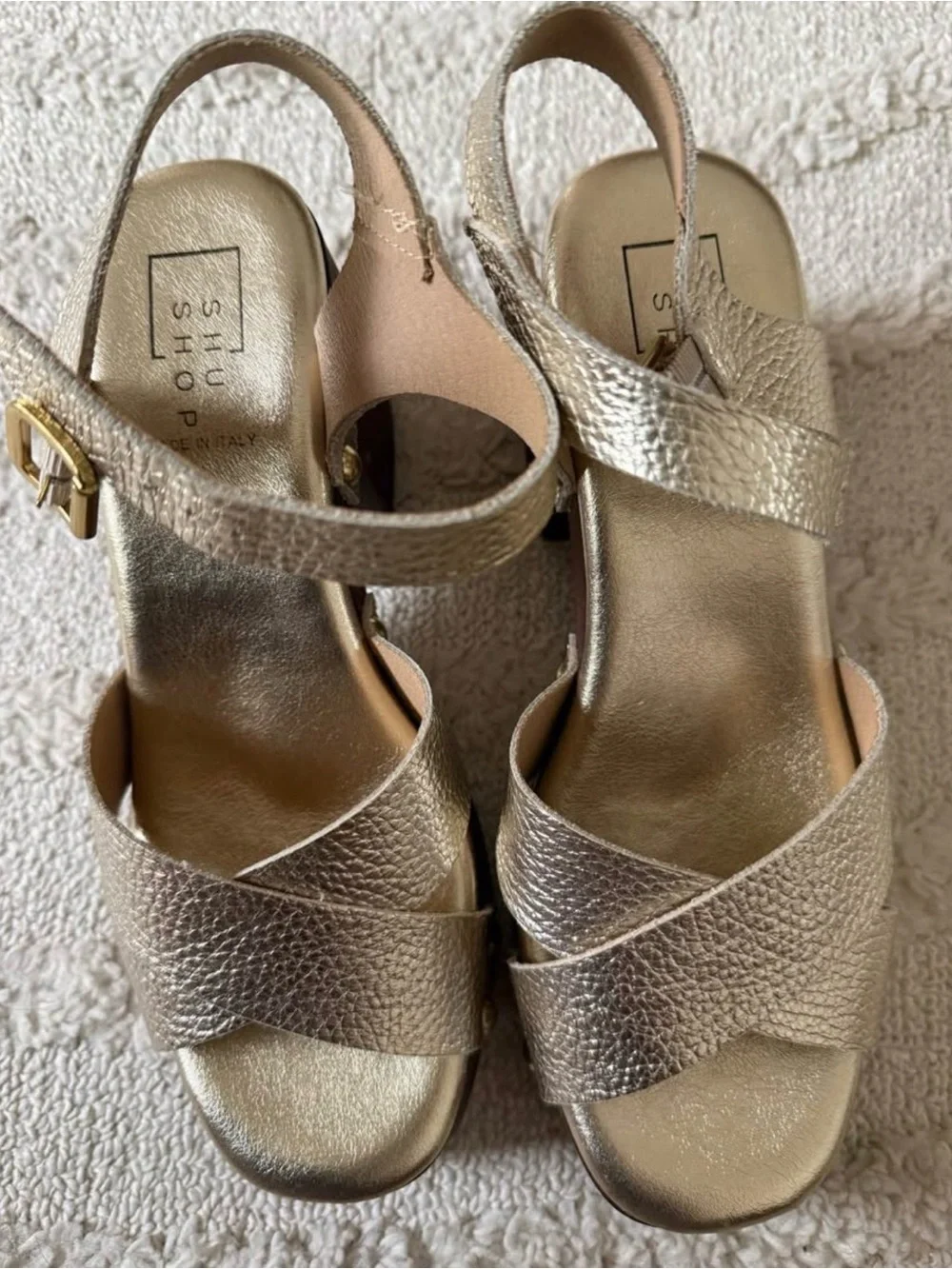 Gold Leather Platform Sandals with Wood Block Heel